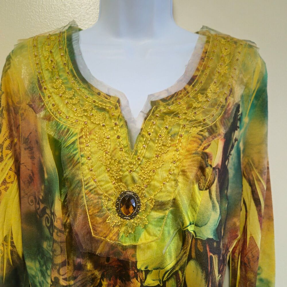B.L.E.U. Floral Bell Sleeve Top Whimsigoth Fairycore Abstract Artsy Women XL - Picture 2 of 9